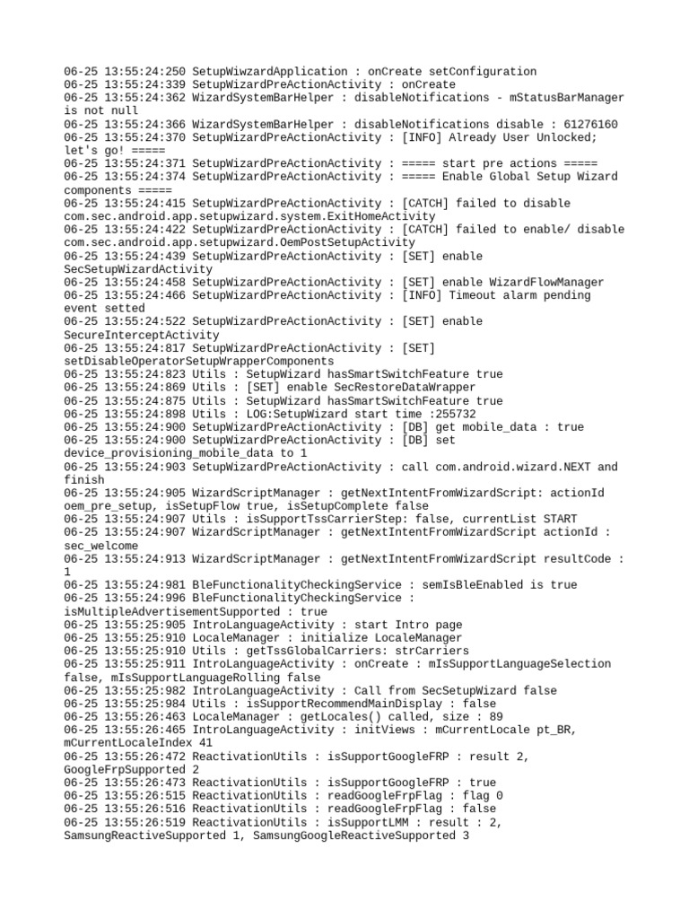 Log data documenting the setup wizard preaction process on a Samsung
