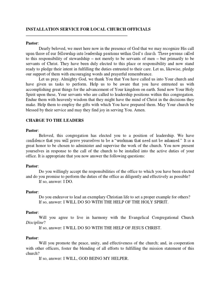 Installation Service for Church Leaders | PDF | Prayer | Pastor