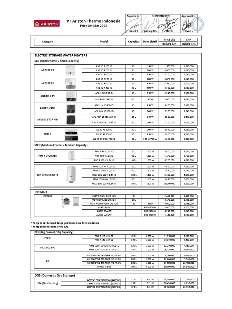 PT Ariston Thermo Indonesia Electric Storage Water Heaters PDF
