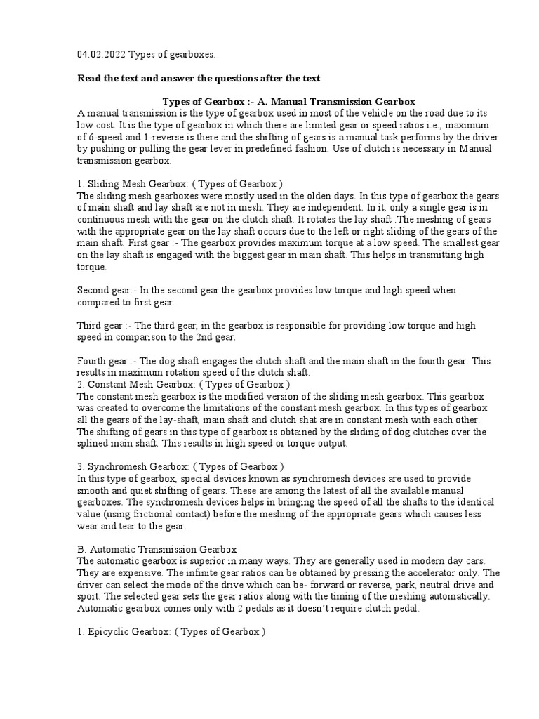 Read The Text and Answer The Questions After The Text Types of Gearbox