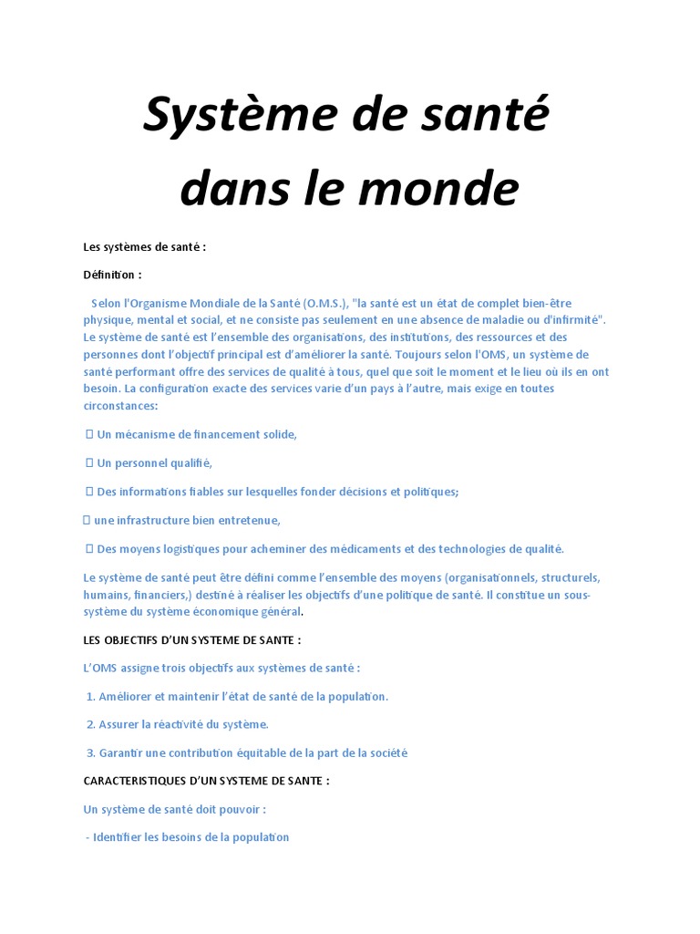 Systèmes de santé dans le monde selon l'OMS PDF Hôpital — free download