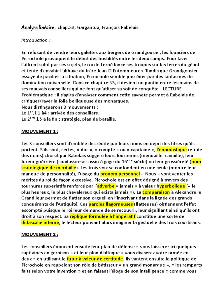 Resume Chapitre Par Chapitre Gargantua Analyse Linéaire 3, Gargantua, François Rabelais | PDF