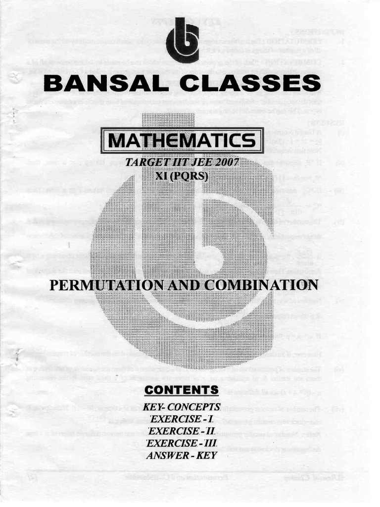 Permutations and Combinations of Distinct and Identical Objects Key Concepts, Exercises and