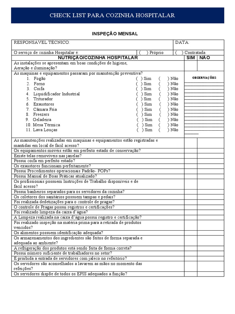 Check List para Cozinha Hospitalar | PDF, image size:768x1024