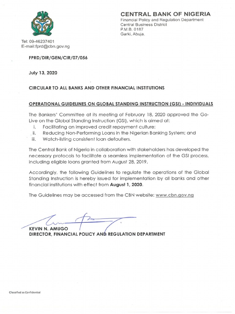 CBN Operational Guidelines On Global Standing Instructions Gsi