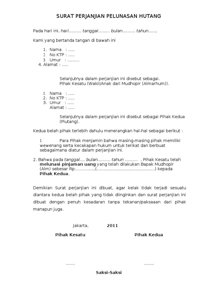 Contoh Surat Rasmi Perjanjian Hutang