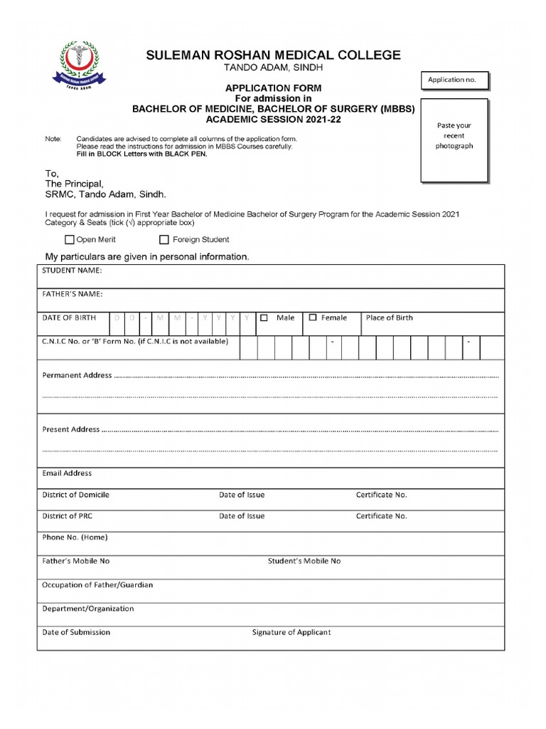 SRMC MBBS Application Form PDF