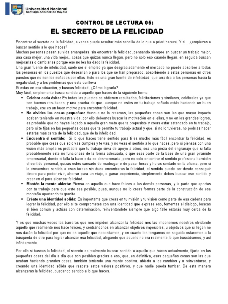 El Secreto de la Felicidad: Buscar Sentido | PDF | Felicidad