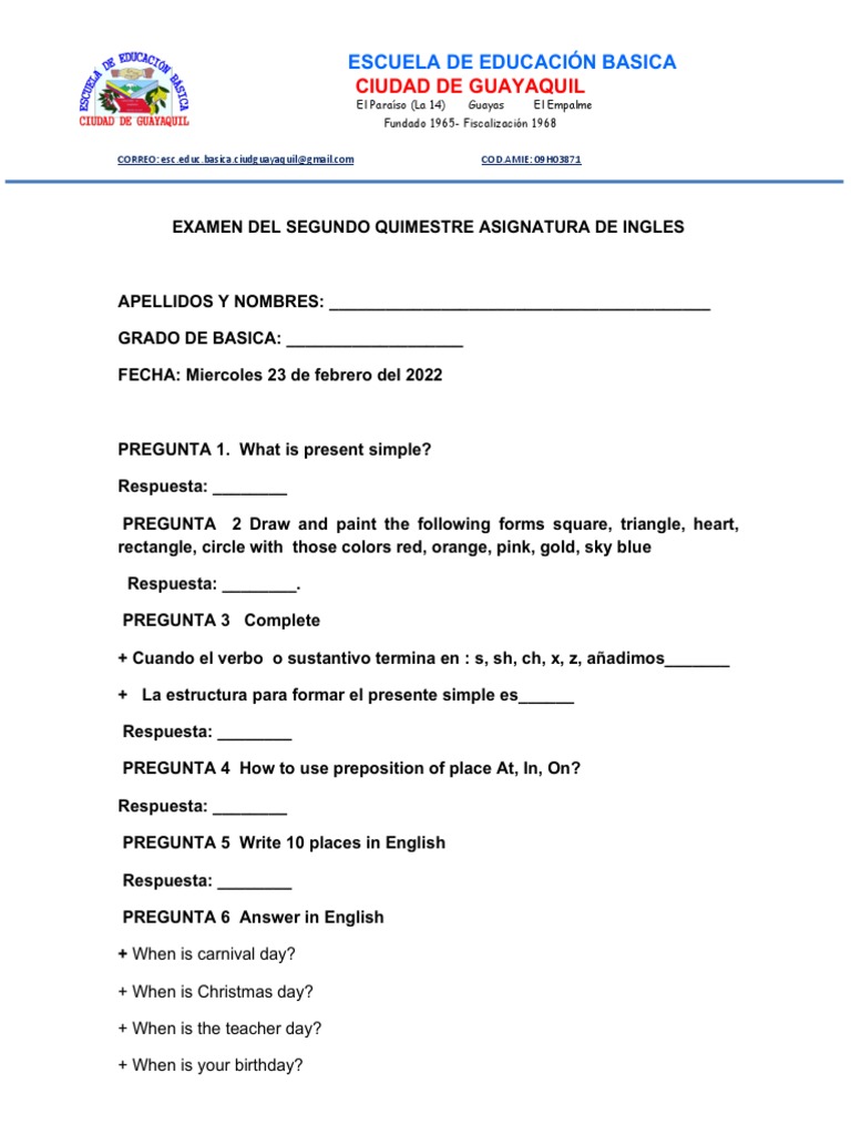 Examen Del Segundo Quimestre Ingles Basica Superior | PDF