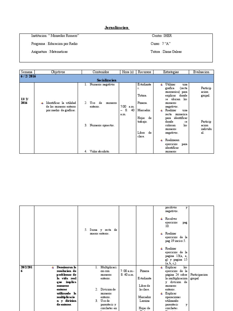 Plan de Clases de Matemáticas 7° A | PDF | Entero | Número racional