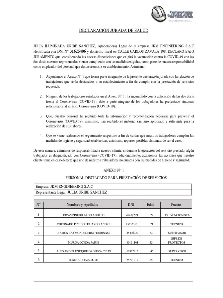 Declaracion Jurada de Salud | PDF | Ciencias de la Salud