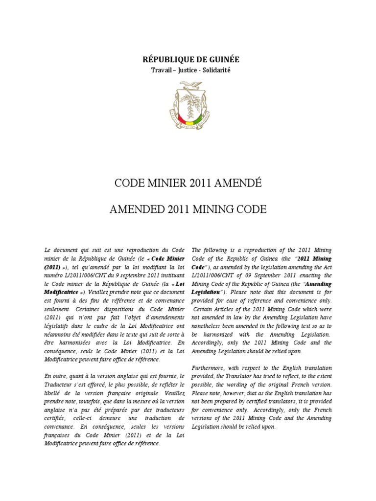 Code Minier de Guinée 2011 Amendé | PDF | Impôts | la corruption