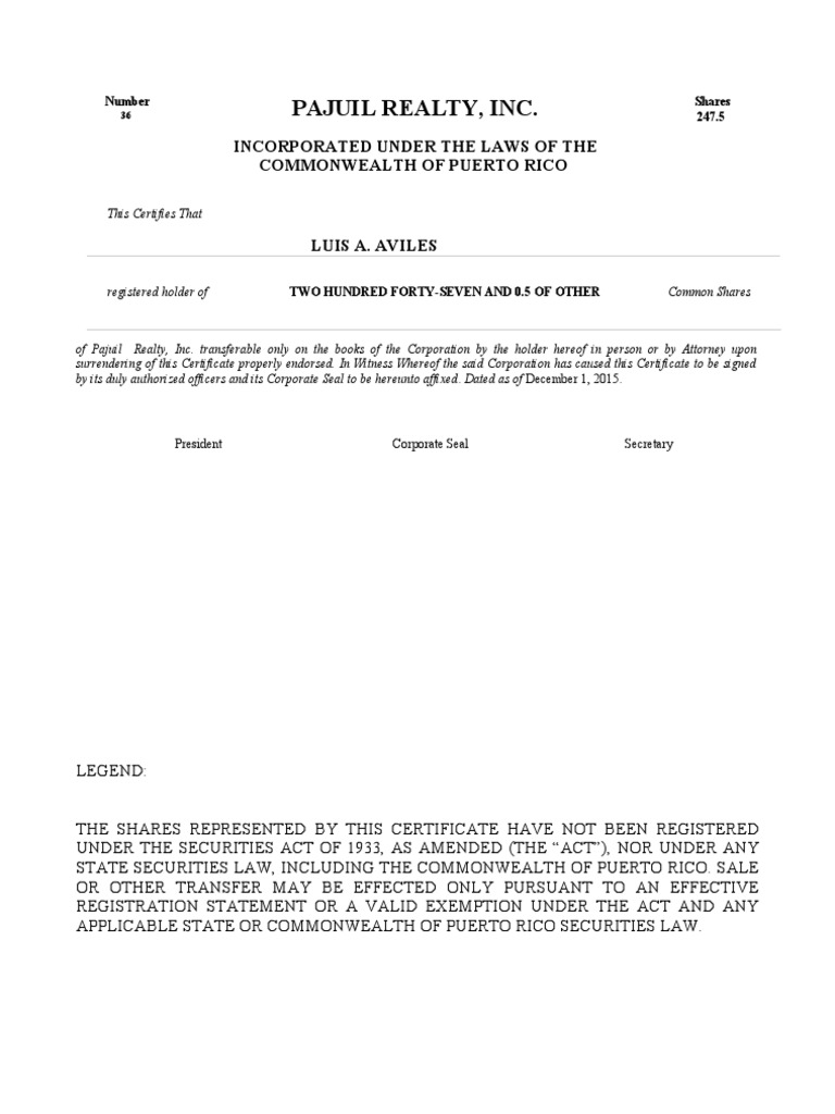 Certificate of Shares Example | PDF
