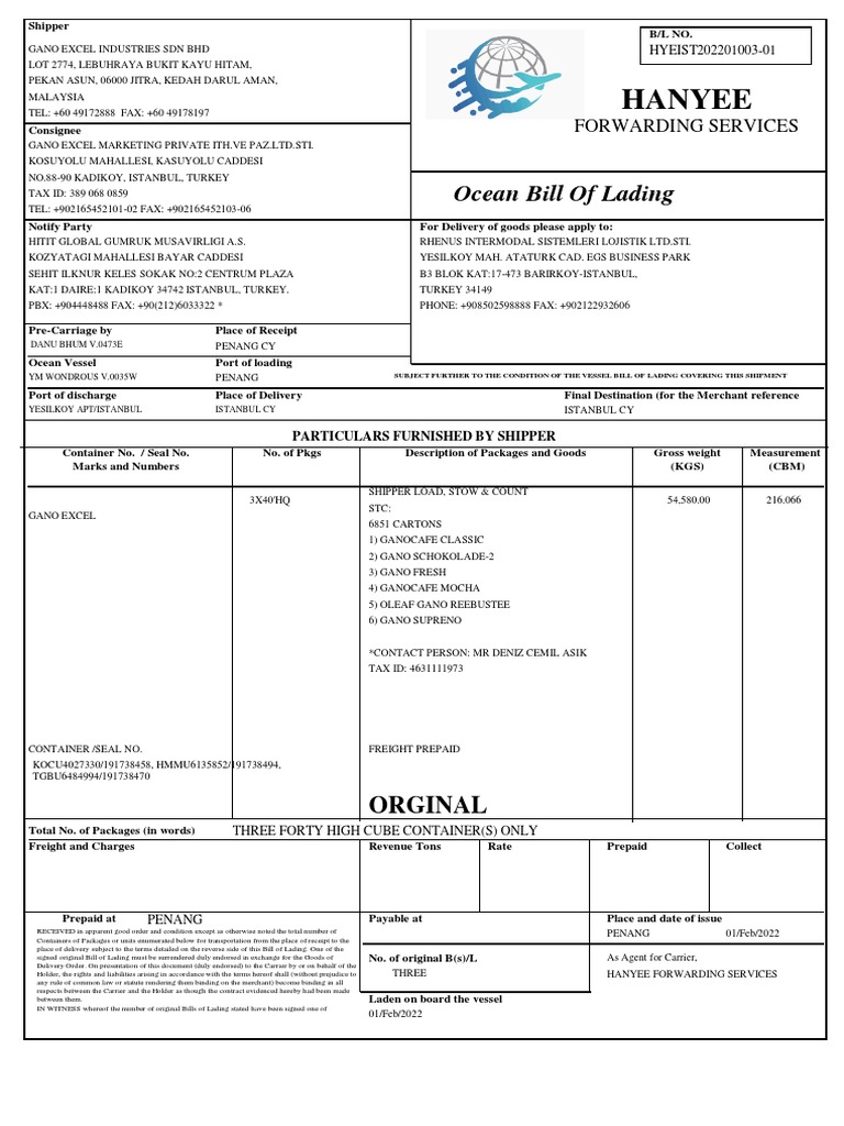 Shipper-Consignee document outlines goods transport from Malaysia to ...