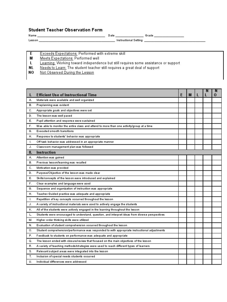 Student Teacher Observation Checklist | PDF | Teachers | Reading ...