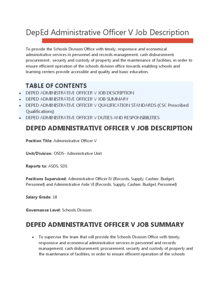 DepEd Administrative Officer V Job Description PDF Procurement