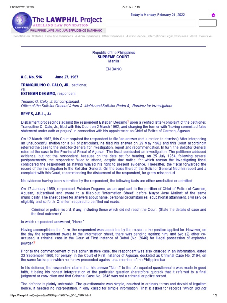 G.R. No. 516 Calo vs. Degamo PDF Perjury Statute Of Limitations