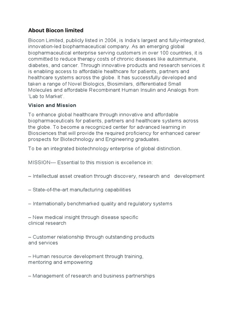 About Biocon Limited: Vision and Mission | PDF | Biopharmaceutical ...