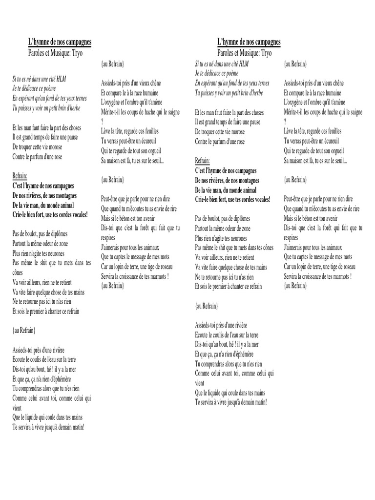 L Hymne de Nos Campagnes de Tryo Paroles | PDF