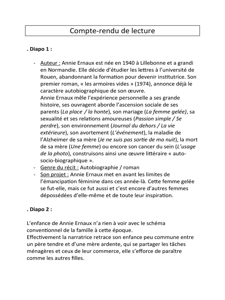 Sujet Brevet Annie Ernaux Les Années Corrigé Compte-Rendu Lecture La Femme Gelée Annie Ernaux | PDF