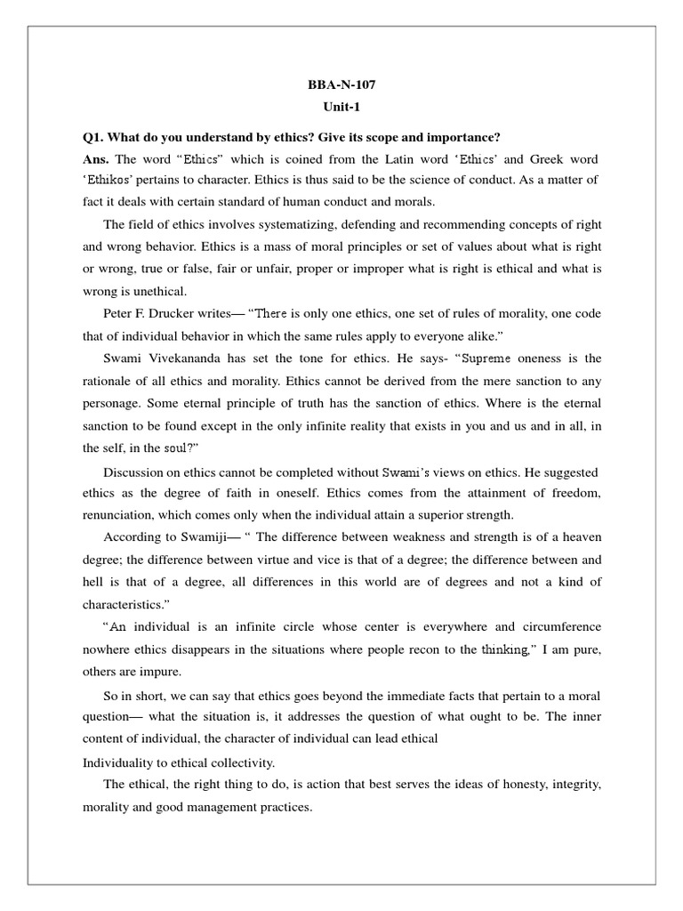BBA N 107 Unit 1 Q1 What Do You Understand By Ethics Give Its Scope