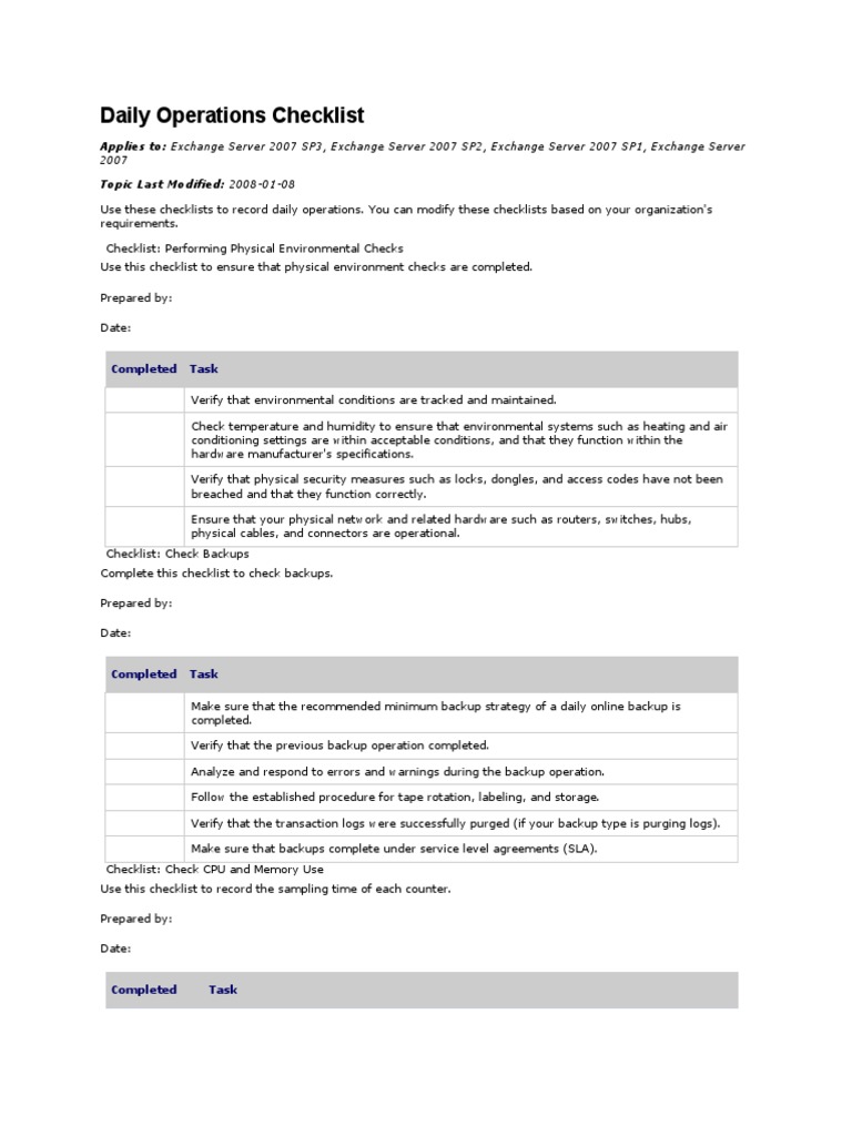 Daily Exchange Server Operations Checklist | PDF | Backup | Internet ...