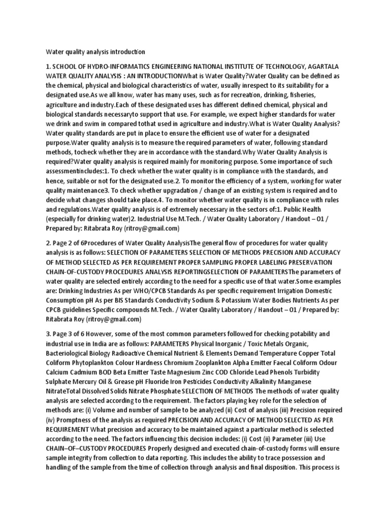 Water Quality Analysis Introduction Pdf Water Quality Water