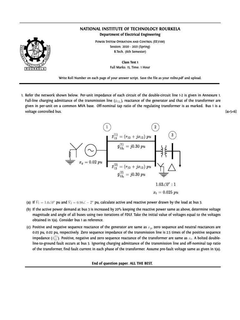 PSOC 2020 2021 Class Test 1 | PDF | Electrical Impedance | Transformer