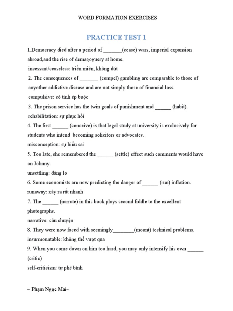 Practice Test 1: Word Formation Exercises | PDF | Science & Mathematics