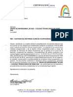 Certificacion Custodia de Hc Grupo de Inversiones Jai s.a.s - Colegio Tecnologico de Suba