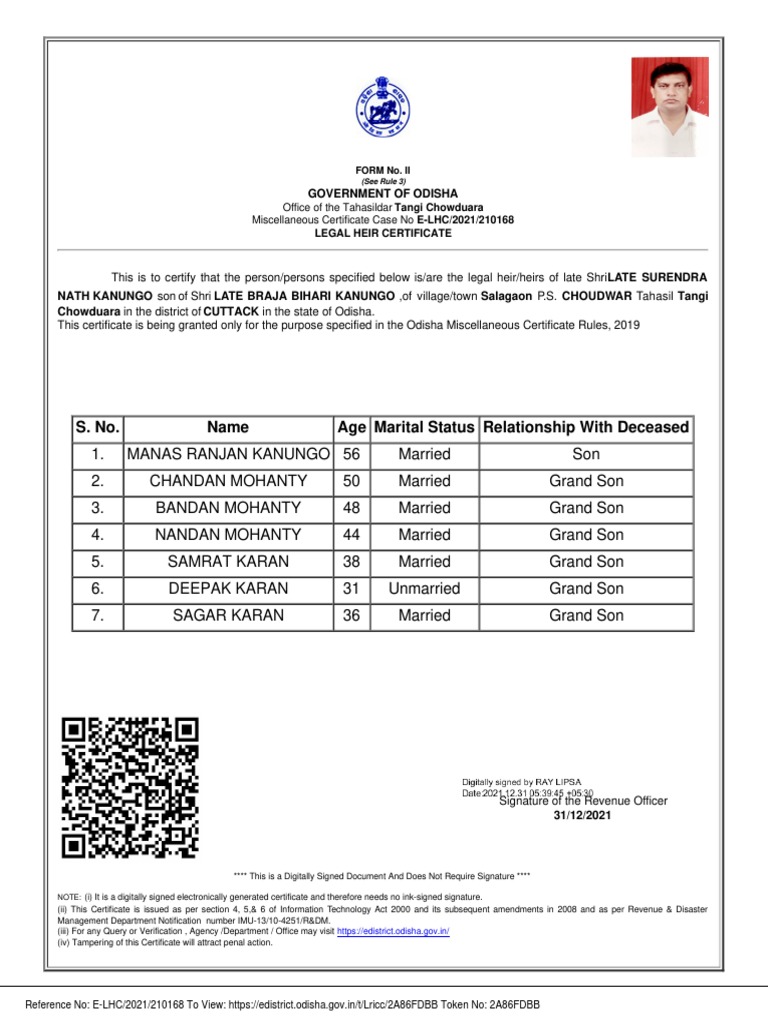 S. No. Name Age Marital Status Relationship With Deceased Government