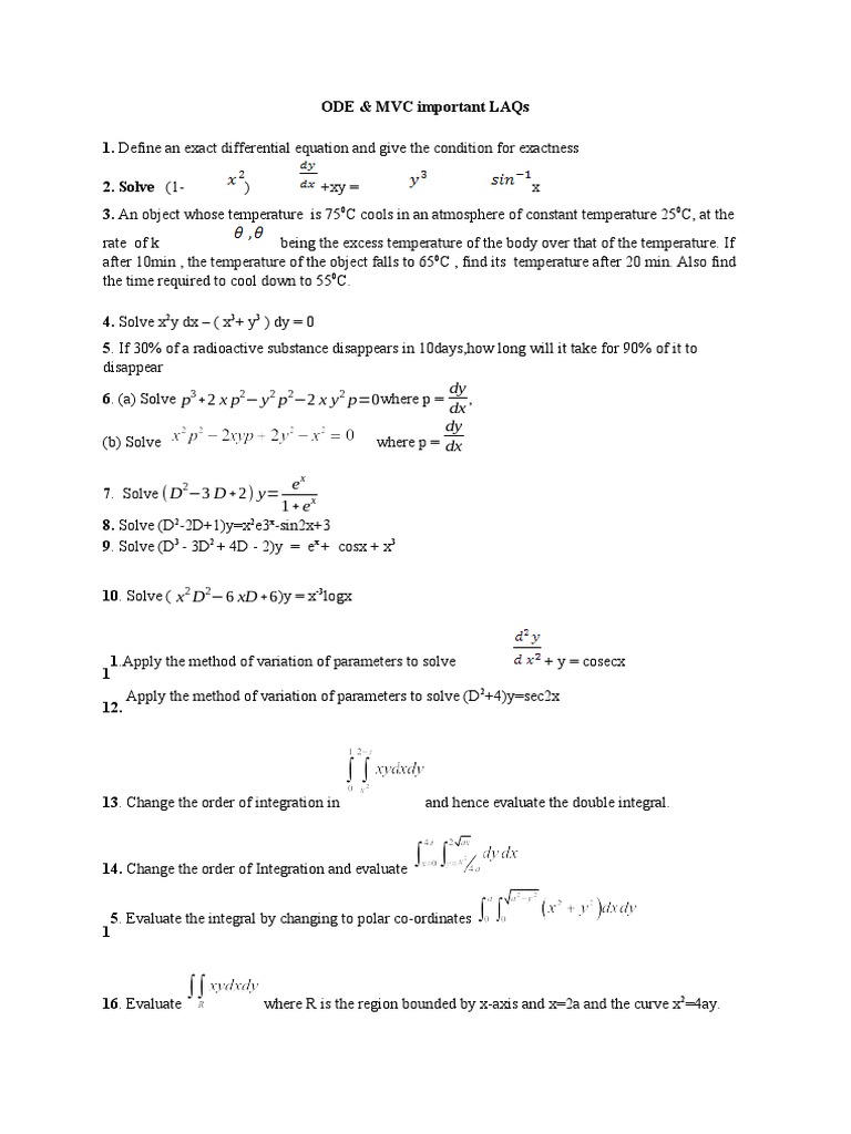 Important Concepts in Exact Differential Equations, Method of Variation of Parameters, and