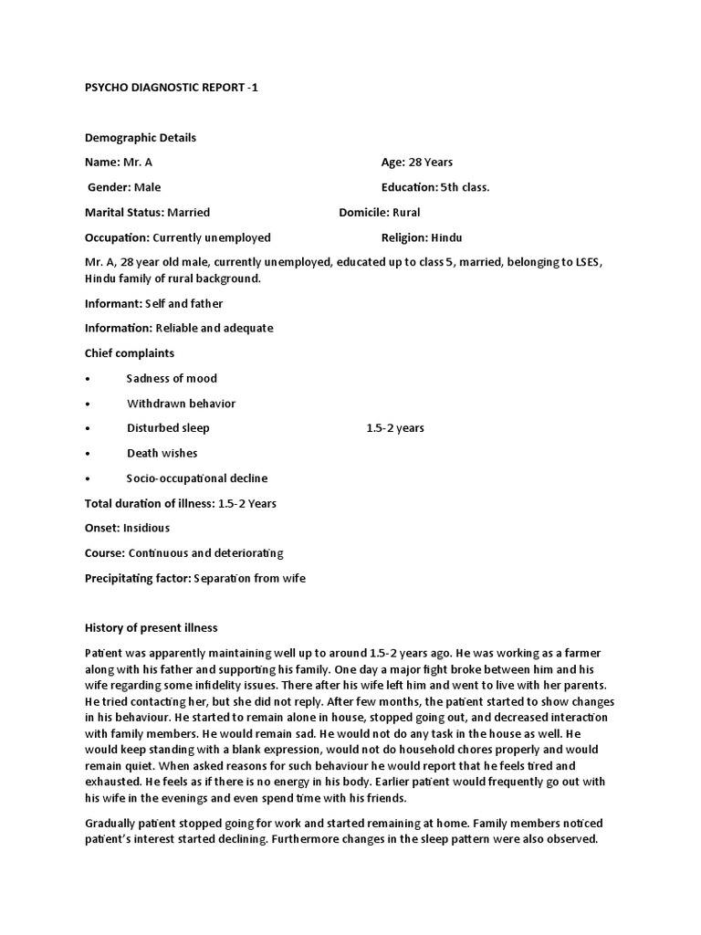Psychodiagnostic Report of Mr. A | PDF | Family | Depression (Mood)