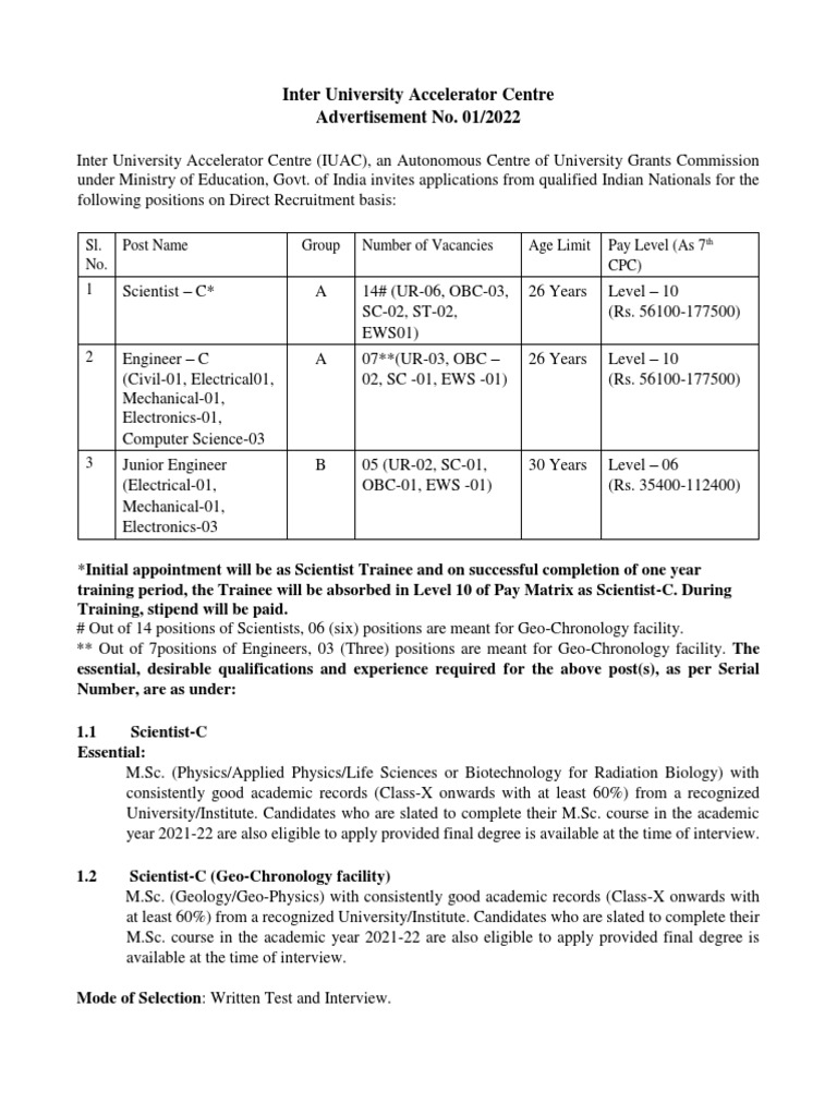 Inter University Accelerator Centre Advertisement No. 01/2022 | PDF ...