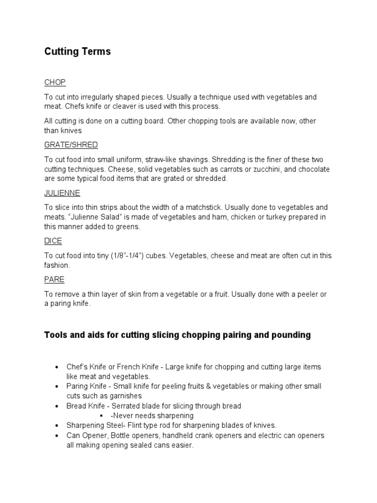 Cutting Terms Tools and Aids For Cutting Slicing Chopping Pairing and