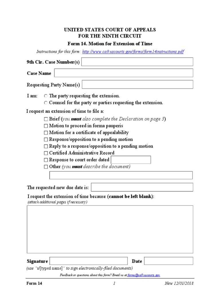 United States Court of Appeals For The Ninth Circuit Form 14. Motion