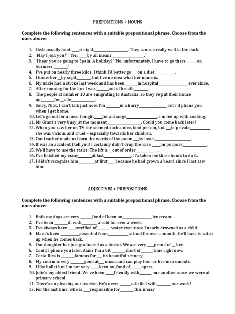Prepositions Usage Handout | PDF | Preposition And Postposition ...