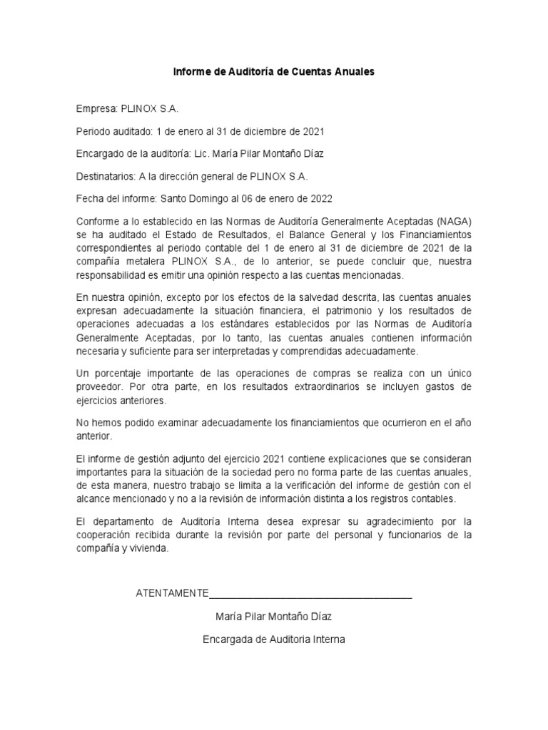 Modelo de Informe de Auditoria Interna | PDF