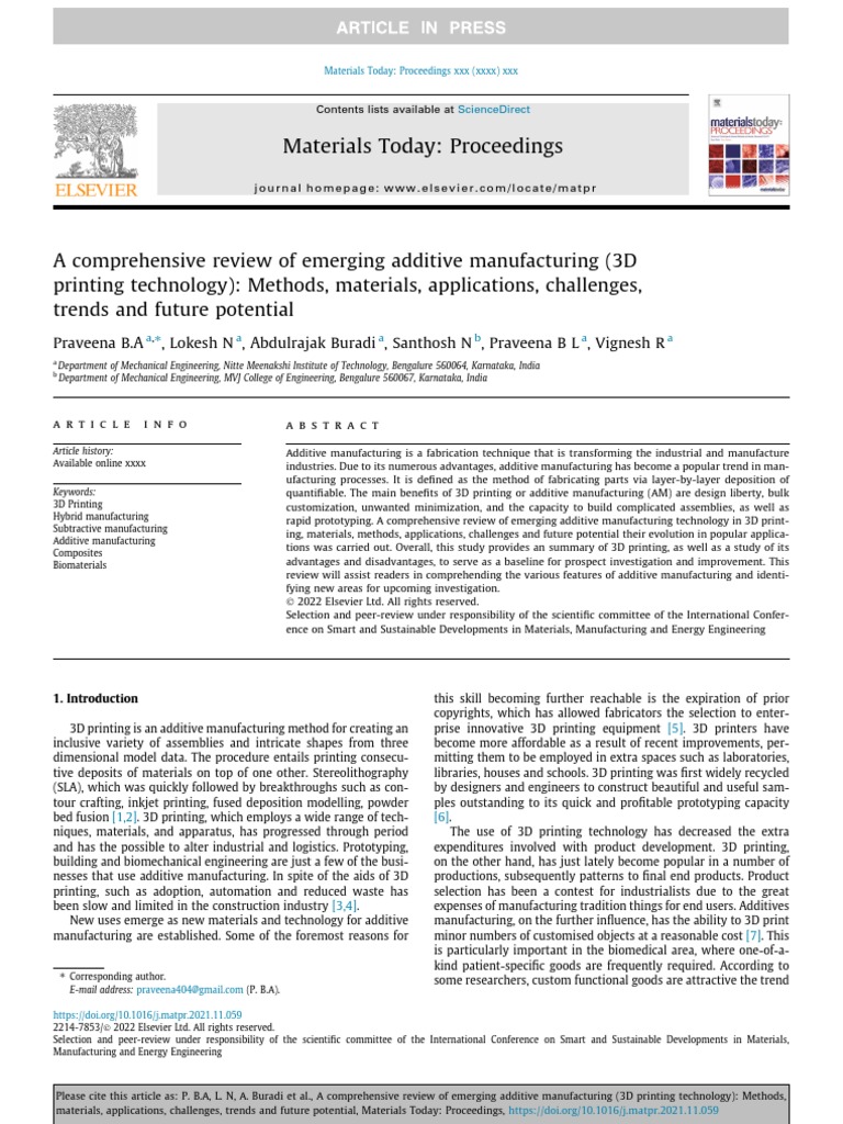 Praveena, A Comprehensive Review of Emerging Additive Manufacturing ...