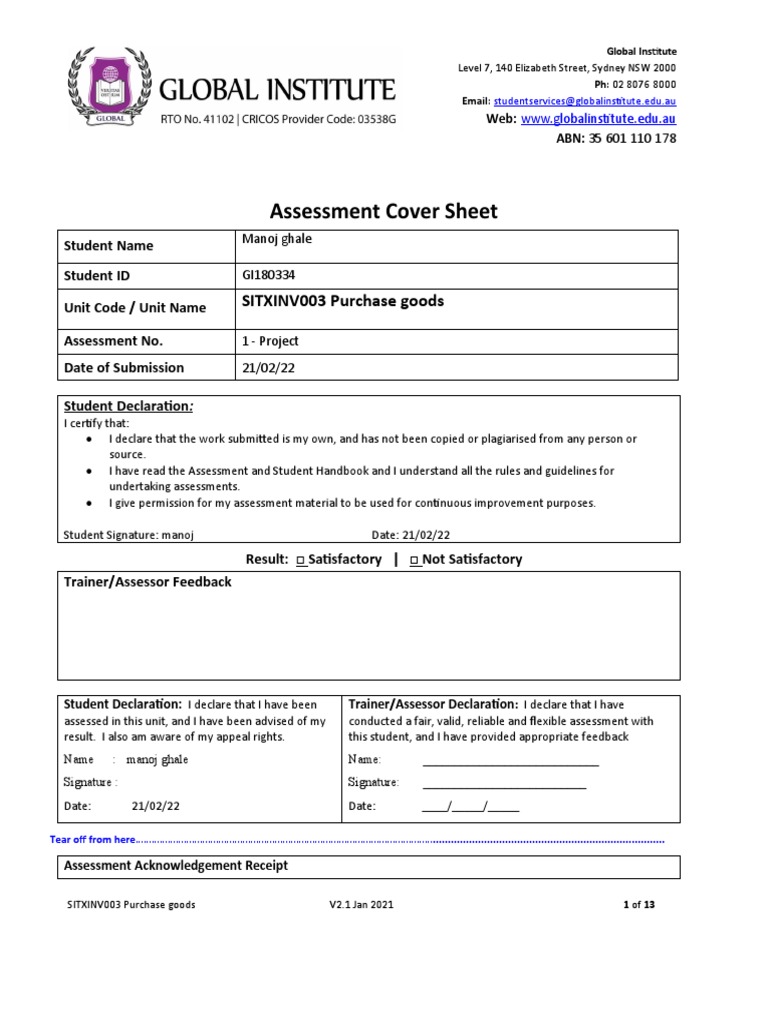 SITXINV003 Assessment Cover Sheet | PDF | Prices | Foods
