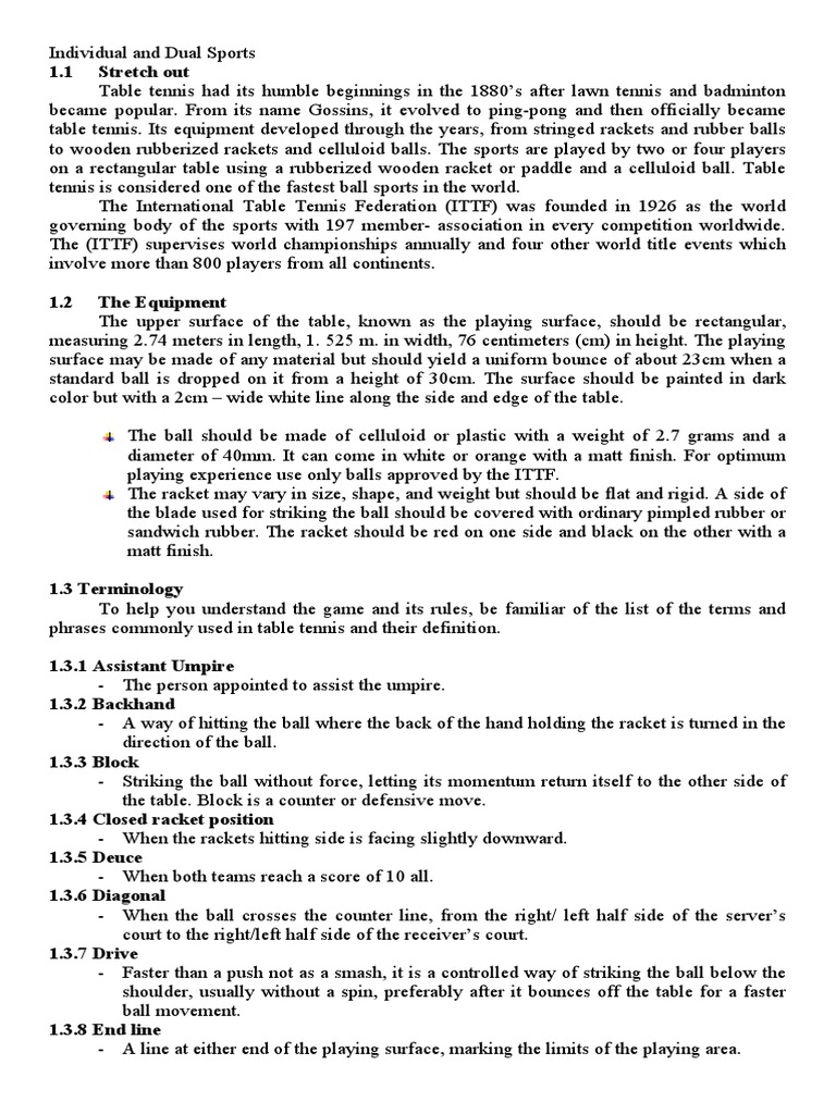 Invidual and Dual Sports PDF Table Tennis Racquet Sports