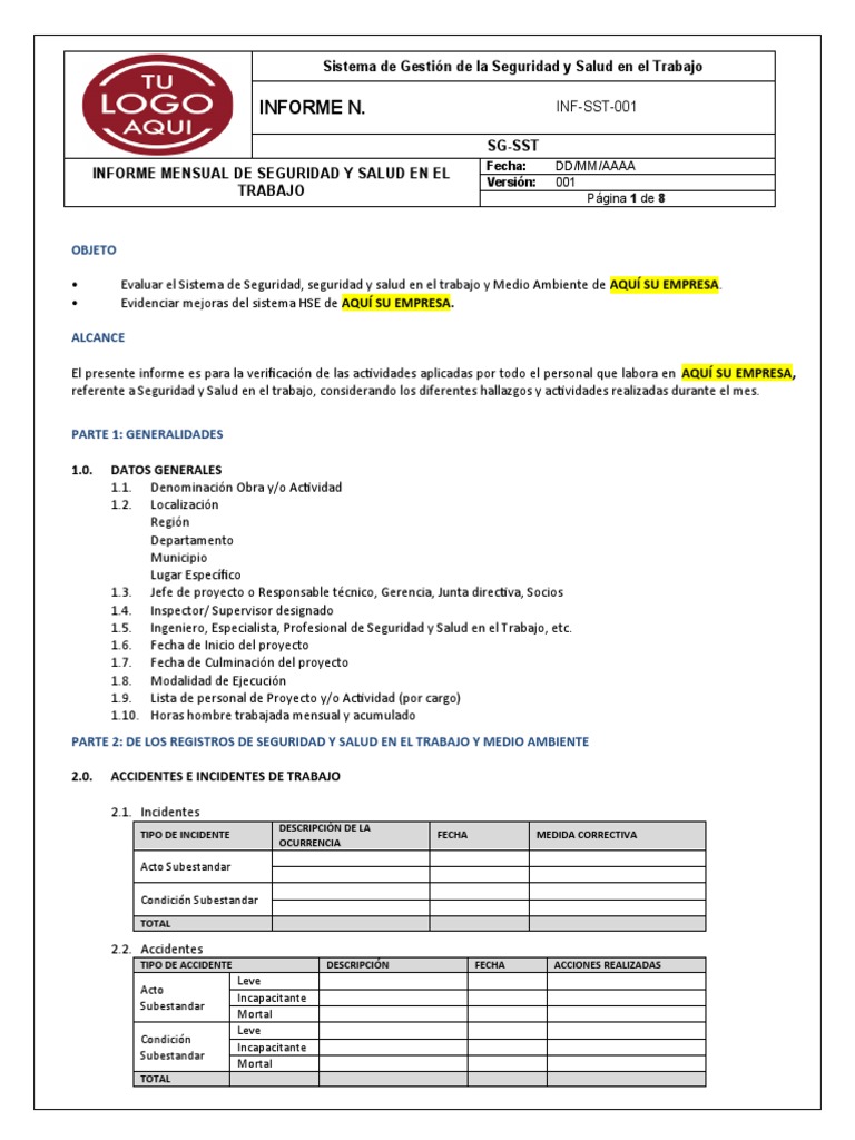 Informe Mensual de Seguridad y Salud Laboral | PDF | La seguridad ...