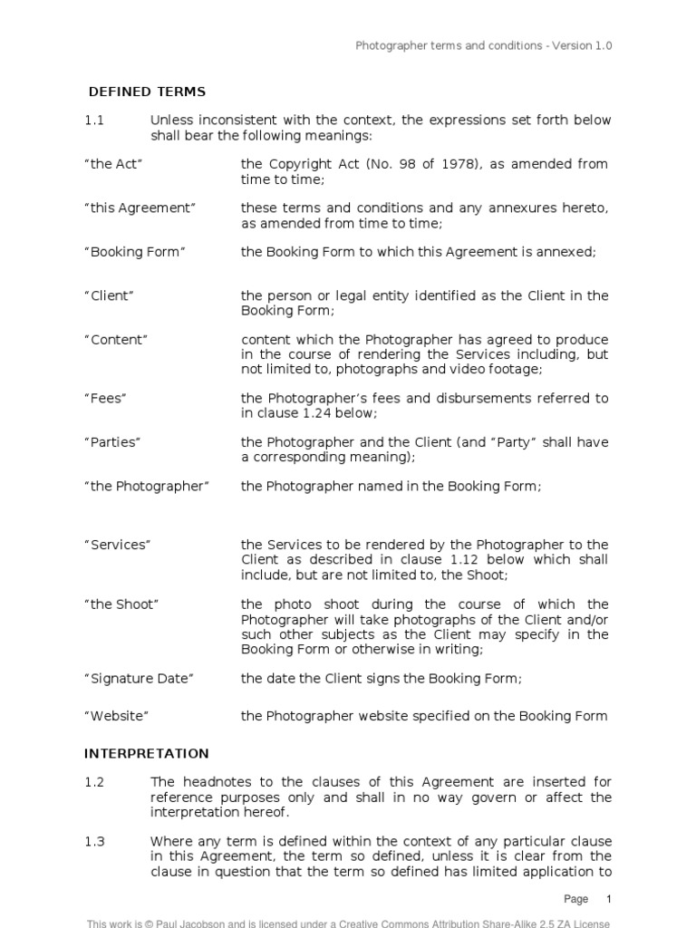 Photographer Terms and Conditions PDF Contractual Term Indemnity Photographer Terms and Conditions PDF Contractual Term Indemnity