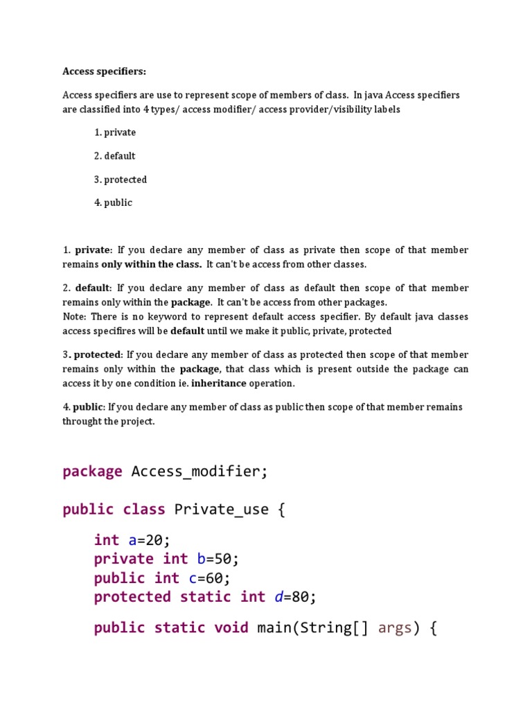 Java Access Specifiers Explained | PDF | Class (Computer Programming ...