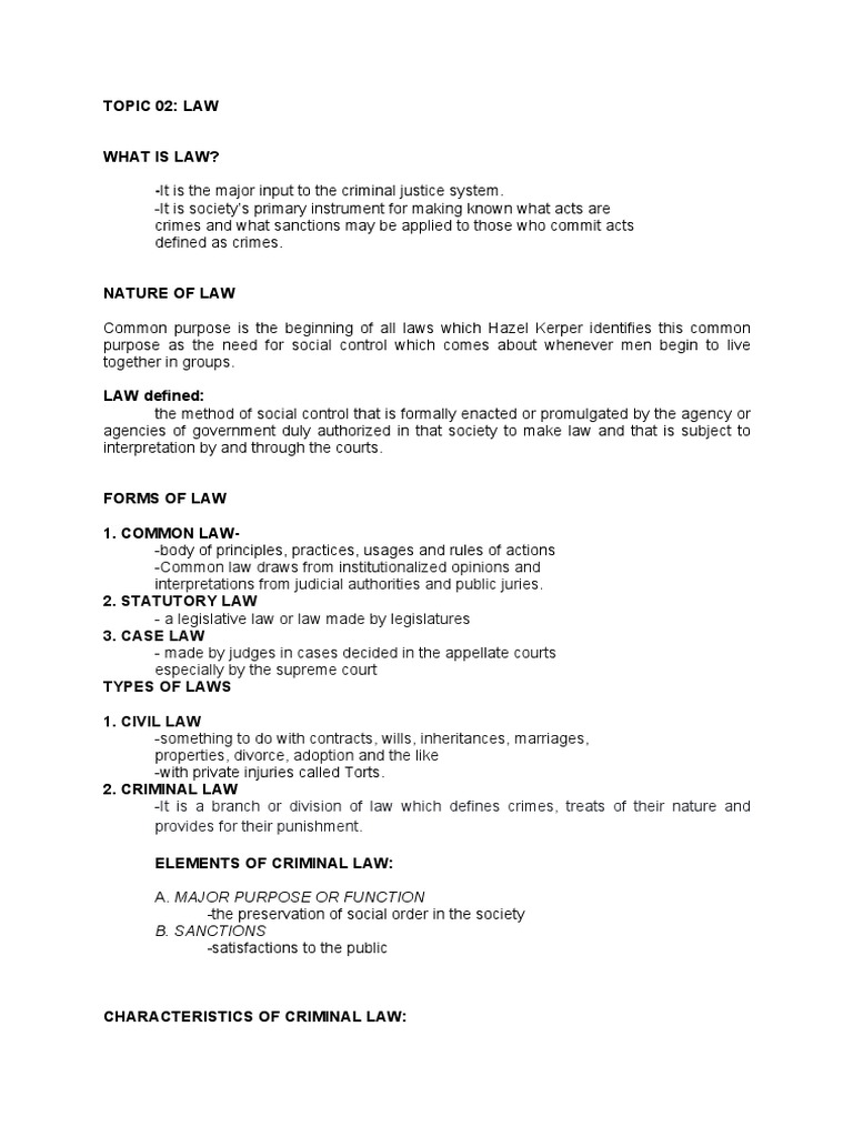 Topic 02 Law 2. Statutory Law 3. Case Law PDF Crimes Crime
