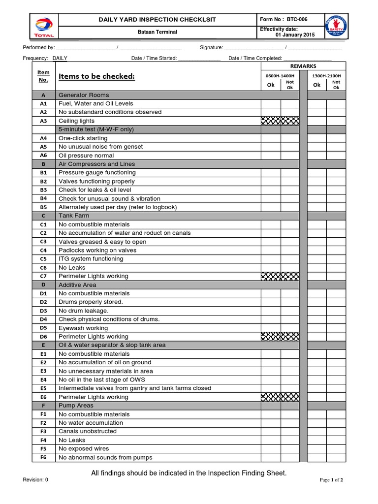 Daily Yard Inspection Checklist | PDF | Chess | Traditional Board Games