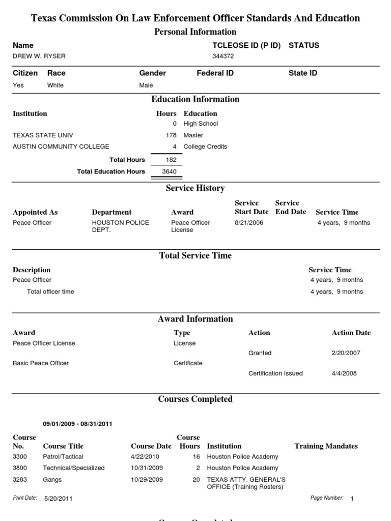 Texas Peace Officer Training Record | PDF | Law Enforcement Officer ...