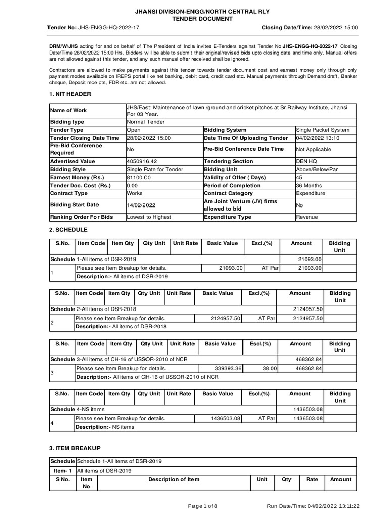 DRM/W/JHS Acting For and On Behalf of The President of India Invites E
