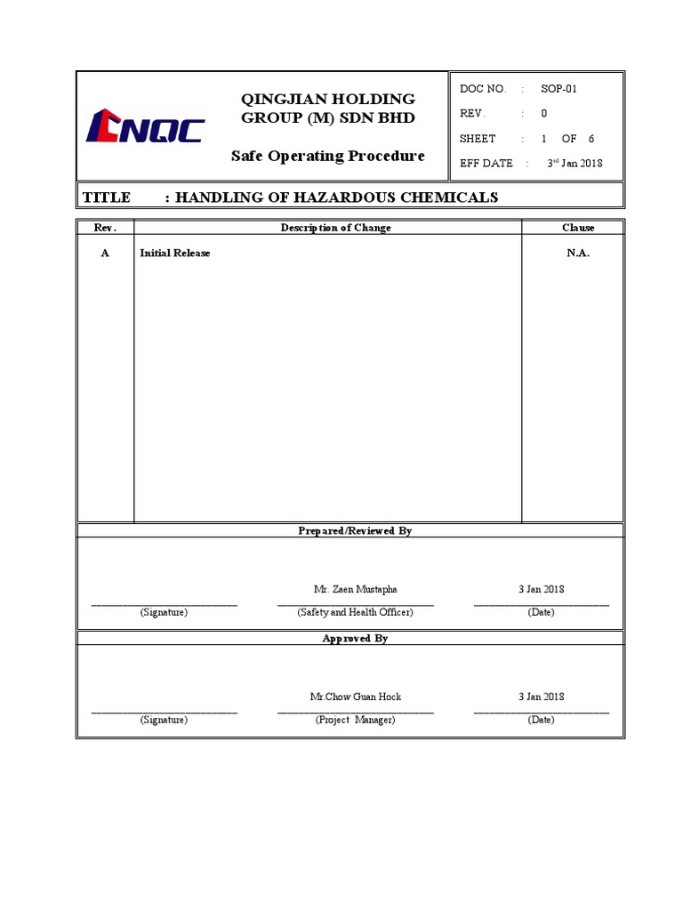 2) SOP01 Handling Hazardous Chemical PDF Dangerous Goods Safety