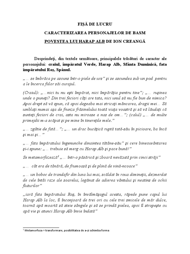 Harap Alb Citate Caracterizarea Personajelor Povestea Harap Alb | PDF